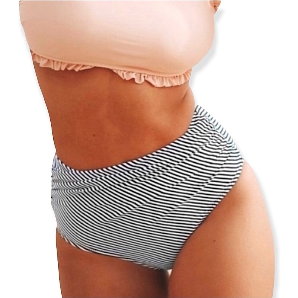 Cupshe High Rise Black & White Striped Bikini Bottoms Swim Summer Size Large